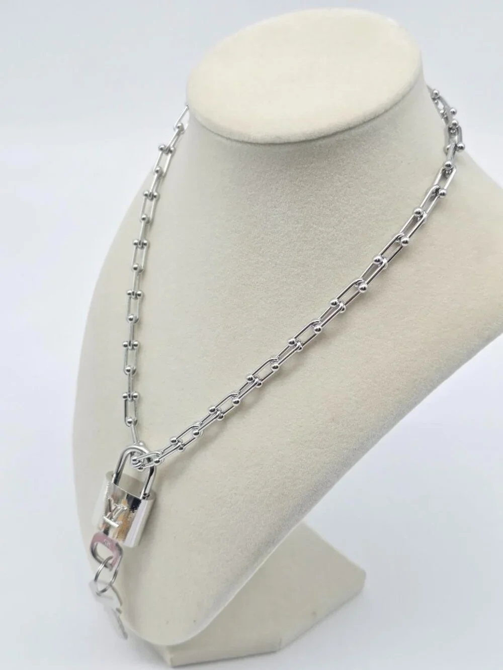 Stainless Steel Horse Shoe Chain with Authentic Louis Vuitton Silver Padlock